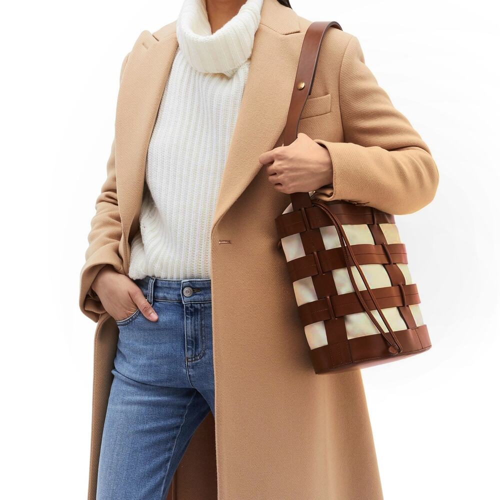 TRADEMARK Hesse caged leather canvas pouch bucket shoulder bag statement purse - Picture 8 of 8